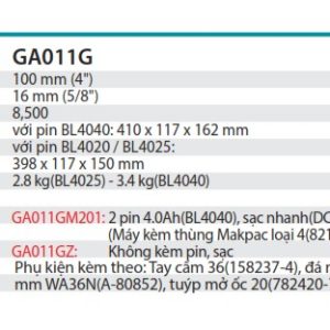 Máy Mài Góc Dùng Pin(không kèm pin sạc) - Makita GA011GZ