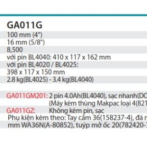 Máy Mài Góc Dùng Pin(kèm 02 pin 4.0Ah + sạc nhanh) - Makita GA013GM201