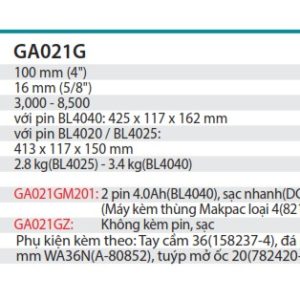 Máy Mài Góc Dùng Pin (kèm 02 pin 4.0Ah + sạc nhanh) - Makita GA021GM201