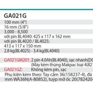 Máy Mài Góc Dùng Pin (kèm 02 pin 4.0Ah + sạc nhanh) - Makita GA023GM201