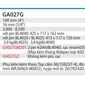 Máy Mài Góc Dùng Pin(kèm 02 pin 4.0Ah + sạc nhanh) - Makita GA027GM201