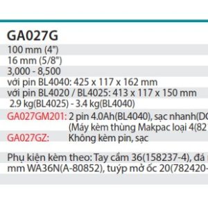 Máy Mài Góc Dùng Pin (không kèm pin sạc) - Makita GA027GZ