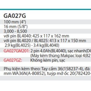 Máy Mài Góc Dùng Pin(kèm 02 pin 4.0Ah + sạc nhanh) - Makita GA029GM201