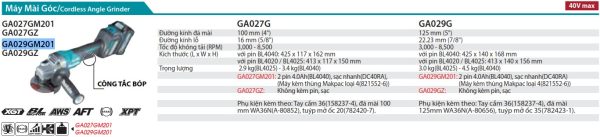 Máy Mài Góc Dùng Pin(kèm 02 pin 4.0Ah + sạc nhanh) - Makita GA029GM201