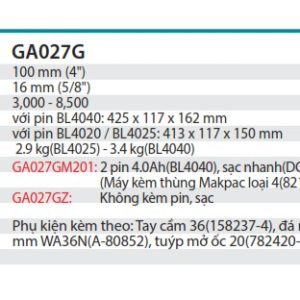 Máy Mài Góc Dùng Pin(không kèm pin sạc) - Makita GA029GZ