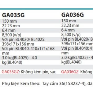 Máy Mài Góc Dùng Pin(không kèm pin sạc) - Makita GA036GZ