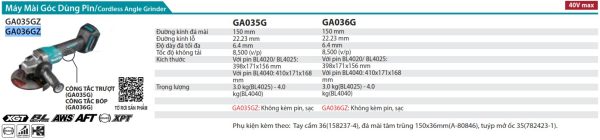 Máy Mài Góc Dùng Pin(không kèm pin sạc) - Makita GA036GZ