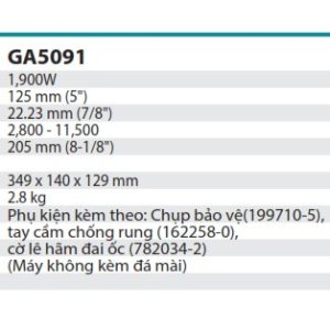 Máy Mài Góc(125MM/1900W/CÔNG TẮC TRƯỢT) - Makita GA5091X02