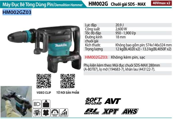 Máy Đục Bê Tông Dùng Pin(CHUÔI GÀI SDS-M (không kèm pin sạc) - Makita HM002GZ03