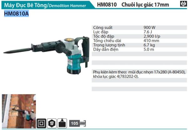 Máy Đục Bê Tông (CHUÔI LỤC GIÁC 17MM) - Makita HM0810A