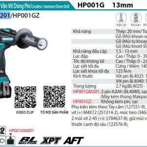 Máy Khoan Búa Và Vặn Vít Dùng Pin(BL)(40 (kèm 02 pin 4.0Ah + sạc nhanh) - Makita HP001GM201