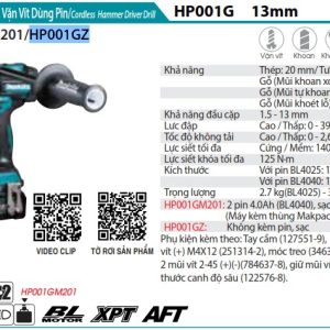 Máy Khoan Búa Và Vặn Vít Dùng Pin(BL)(40 (không kèm pin sạc) - Makita HP001GZ