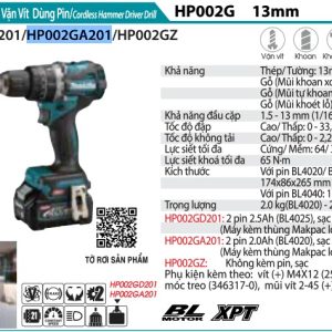 Máy Khoan Búa Và Vặn Vít Dùng Pin(BL)(40 (kèm 02 pin 2.0+ sạc nhanh) - Makita HP002GA201