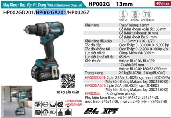 Máy Khoan Búa Và Vặn Vít Dùng Pin(BL)(40 (kèm 02 pin 2.0+ sạc nhanh) - Makita HP002GA201