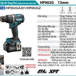 Máy Khoan Búa Và Vặn Vít Dùng Pin(BL)(40 (kèm 02 pin 2.5 Ah + sạc) - Makita HP002GD201