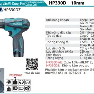 Máy Khoan Búa Và Vặn Vít Dùng Pin(10.8V) (kèm 02 pin 1.5AH + sạc) - Makita HP330DWE