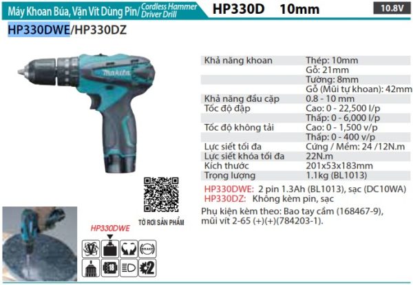 Máy Khoan Búa Và Vặn Vít Dùng Pin(10.8V) (kèm 02 pin 1.5AH + sạc) - Makita HP330DWE