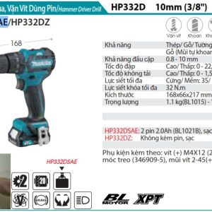 Máy Khoan Búa Và Vặn Vít Dùng Pin(BL) (kèm 02 pin 2.0 + sạc) - Makita HP332DSAE