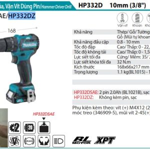 Máy Khoan Búa, Vặn Vít Dùng Pin(BL) (không kèm pin sạc) - Makita HP332DZ