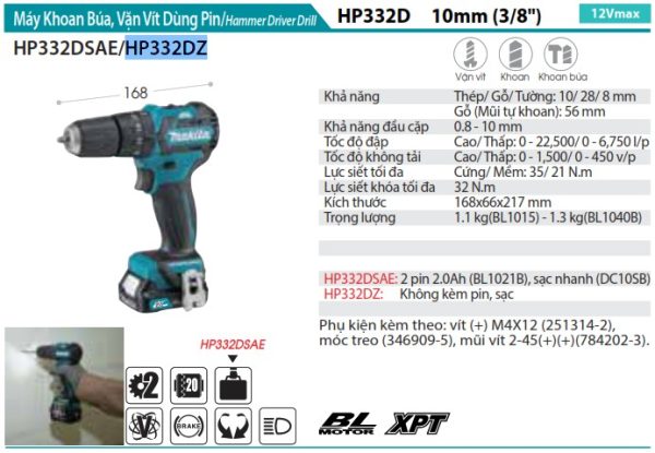 Máy Khoan Búa, Vặn Vít Dùng Pin(BL) (không kèm pin sạc) - Makita HP332DZ