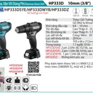 Máy Khoan Búa Và Vặn Vít Dùng Pin (kèm 02 pin 2.0 + sạc) - Makita HP333DSAE