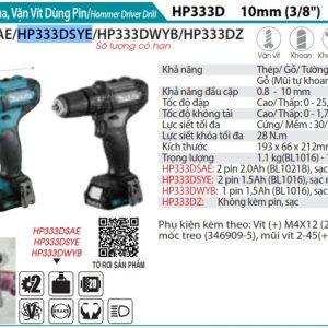 Máy Khoan Búa Và Vặn Vít Dùng Pin (kèm 02 pin 1.5AH + sạc) - Makita HP333DSYE