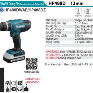 Máy Khoan Búa Và Vặn Vít Dùng Pin(kèm 02 pin 1.5 + sạc) - Makita HP488D002