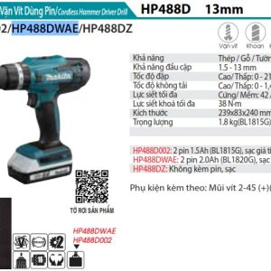 Máy Khoan Búa Và Vặn Vít Dùng Pin(kèm 02 pin 2.0 + sạc) - Makita HP488DWAE