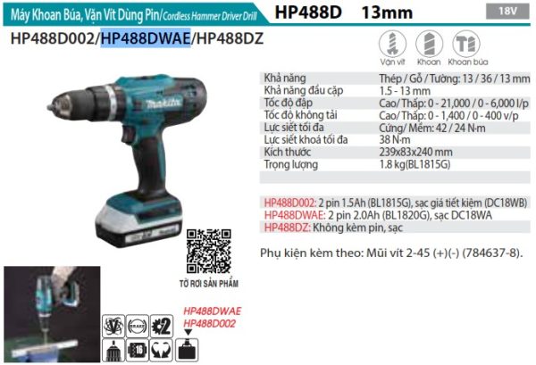 Máy Khoan Búa Và Vặn Vít Dùng Pin(kèm 02 pin 2.0 + sạc) - Makita HP488DWAE