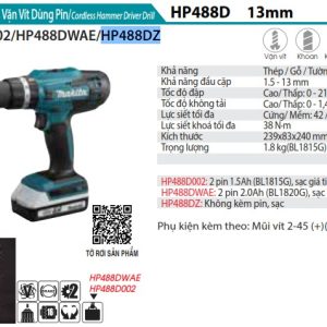 Máy Khoan Búa Và Vặn Vít Dùng Pin(18V) (không kèm pin sạc) - Makita HP488DZ