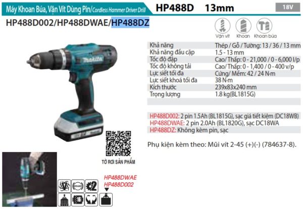 Máy Khoan Búa Và Vặn Vít Dùng Pin(18V) (không kèm pin sạc) - Makita HP488DZ