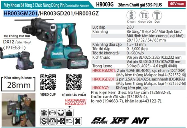 Máy Khoan Bê Tông 3 Chức Năng Dùng Pin(kèm 02 pin 4.0Ah + sạc nhanh) - Makita HR003GM201