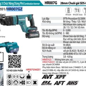 Máy Khoan Bê Tông 3 Chức Năng Dùng Pin (không kèm pin sạc) - Makita HR007GZ