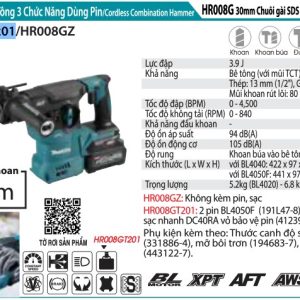 Máy Khoan Bê Tông 3 Chức Năng Dùng Pin (kèm 02 pin 5.0 + sạc nhanh) - Makita HR008GT201