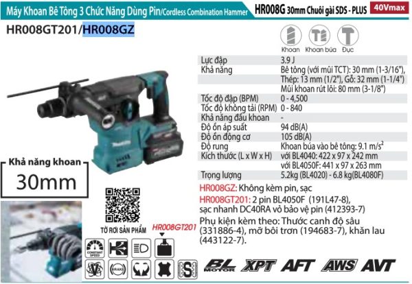 Máy Khoan Bê Tông 3 Chức Năng Dùng Pin (không kèm pin sạc) - Makita HR008GZ