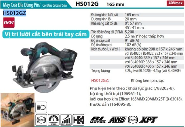 Máy cưa đĩa dùng pin 40V Max Makita HS012GZ