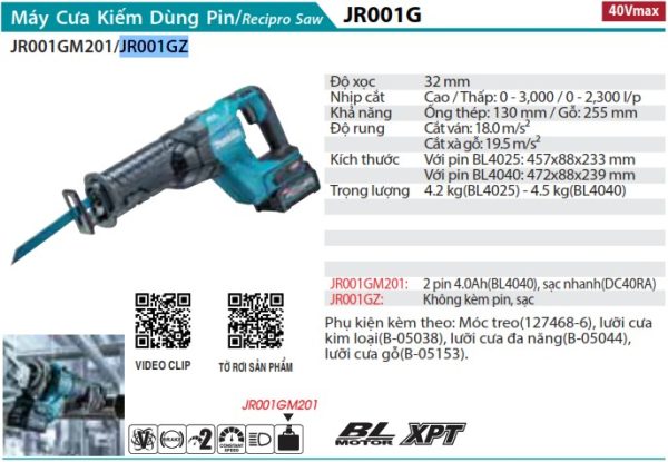 Máy cưa kiếm Makita JR001GZ dùng pin