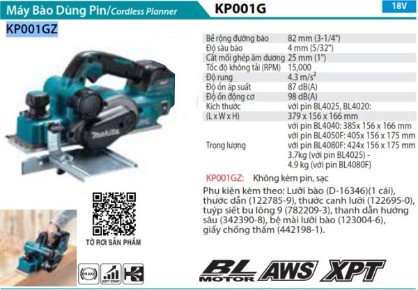 Máy bào dùng pin 40V Max Makita KP001GZ