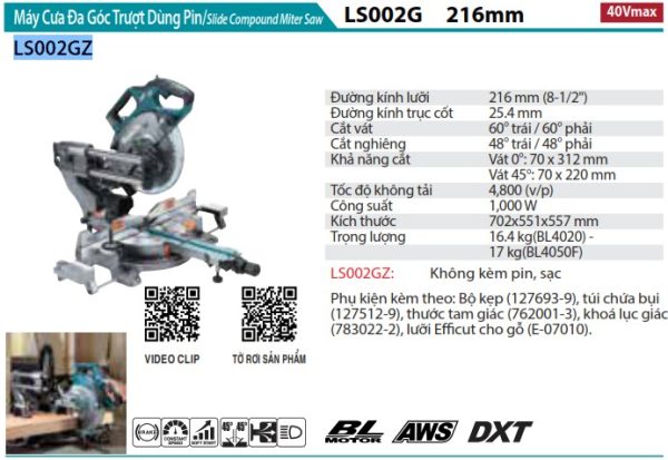 Máy cưa đa góc dùng Pin 40V Makita LS002GZ