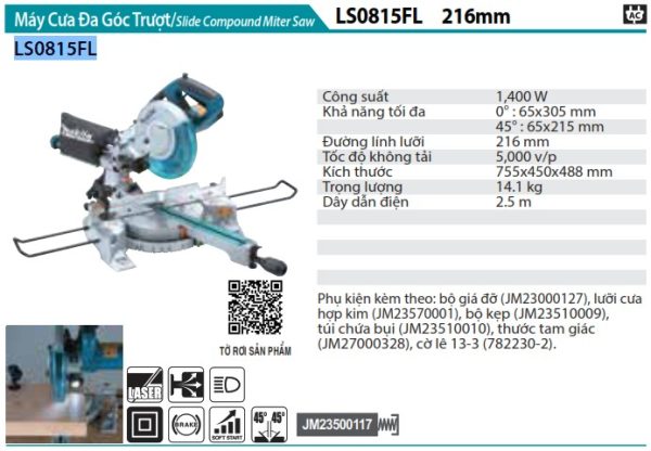 Máy cưa đa góc laser 1400W Makita LS0815FL 216mm