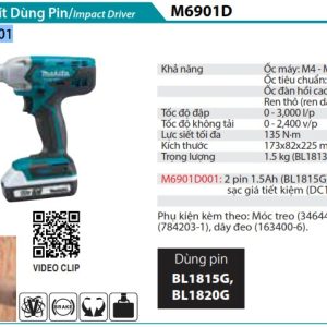 MÁY BẮT VÍT DÙNG PIN Makita  M6901D001 (kèm 02 pin + sạc)