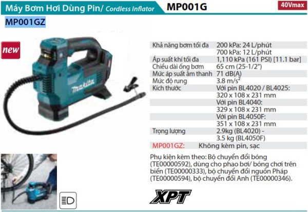 MÁY BƠM HƠI DÙNG PIN Makita MP001GZ (40V MAX) (không kèm pin sạc)