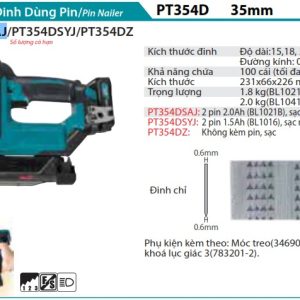 MÁY BẮN ĐINH DÙNG PIN Makita  PT354DSAJ (12V MAX) (kèm 02 pin 2.0 + sạc nhanh)