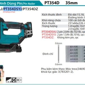 MÁY BẮN ĐINH DÙNG PIN Makita  PT354DSYJ (12V MAX) (kèm 01 pin + sạc)