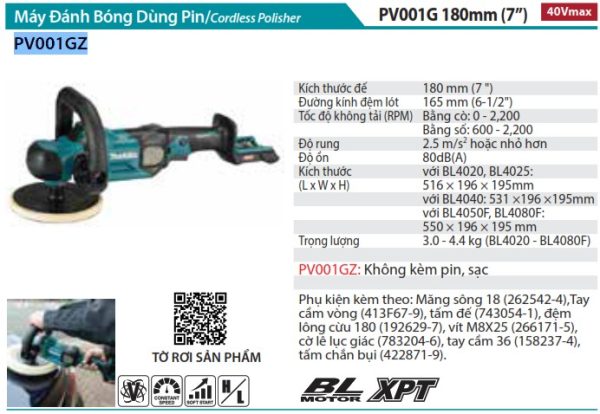 MÁY ĐÁNH BÓNG DÙNG PIN Makita PV001GZ (180MM/BL)(40V MAX (không kèm pin sạc)