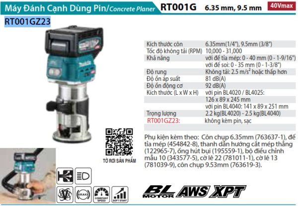 MÁY ĐÁNH CẠNH DÙNG PIN Makita RT001GZ23 (BL)(40V MAX) (không kèm pin sạc)