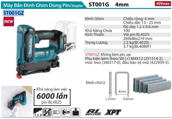 Máy Bắn Đinh Ghim Dùng Pin Makita ST001GZ (ĐINH J 4MM/BL)(40V MAX)