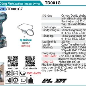 MÁY BẮT VÍT DÙNG PIN Makita TD001GM201 (BL)(40V MAX) (kèm 02 pin 4.0Ah + sạc nhanh)