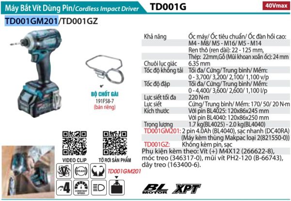 MÁY BẮT VÍT DÙNG PIN Makita TD001GM201 (BL)(40V MAX) (kèm 02 pin 4.0Ah + sạc nhanh)