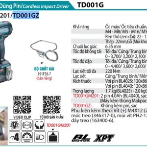 MÁY BẮT VÍT DÙNG PIN Makita TD001GZ (BL)(40V MAX) (không kèm pin sạc)